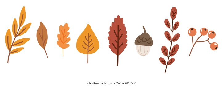 Autumn elements doodle illustration, autumn colored leaves, autumn cozy set