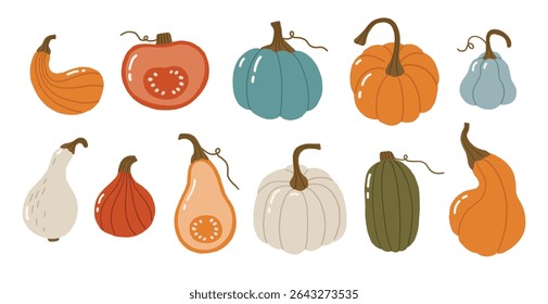 Autumn elements doodle illustration, pumpkins collection, autumn cozy set