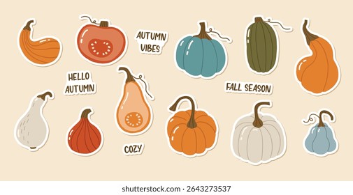 Autumn elements doodle illustration, pumpkins collection, autumn cozy set, stickers