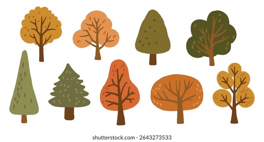 Autumn elements doodle illustration, autumn trees collection, autumn cozy set