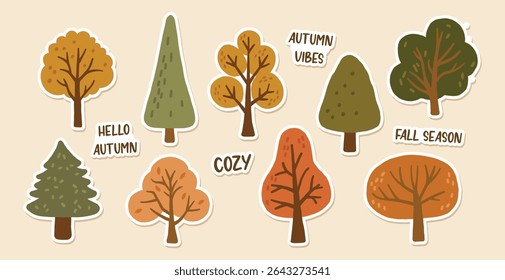 Autumn elements doodle illustration, autumn trees collection, autumn cozy set