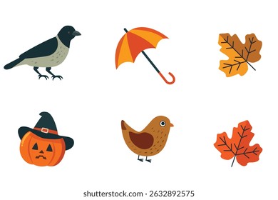 Autumn Elements Featuring Birds, Colorful Leaves, and Various Halloween Symbols Galore