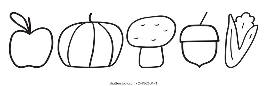 Autumn elements. Food. Apple, pumpkin, mushroom, hazelnut, corn. Collection of outline icons on white background. 