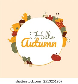 Autumn elements frame, circular shape.  Hello Autumn. EPS 10