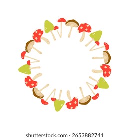 Autumn, elements frame, Pumpkin circle frame. Round border made of fall pumpkins mushrooms, . The pumpkins have different shapes and are arranged in a circle. Vector flat isolated on white background.