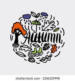 Autumn elements hand-drawn illustration arranged in a circle shape.