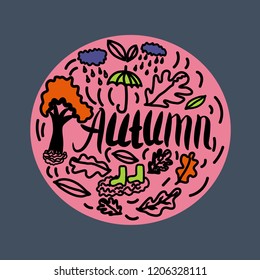 Autumn elements hand-drawn illustration.  Black lines on pink circle label. 