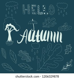 Autumn elements hand-drawn illustration on dark background.