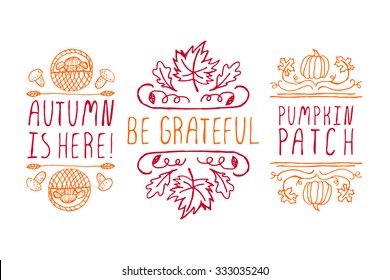 Autumn elements. Hand-sketched typographic elements on white background. Autumn is here. Be grateful. Pumpkin patch