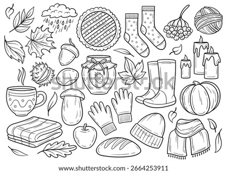 Autumn elements isolated clip art, black and white line art cute drawings, fall doodles detailed illustration, hand drawn fall stickers outline drawings, cozy doodle illustration, autumn contours