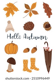 Autumn Elements isolated on White. Autumn Leaves, Mushroom, Pumpkin, Acorns, Cone, Chestnut, Maple, Oak, Chestnut Leaves, Umbrella, Rubber Boots, Hat. Hello Autumn Vector