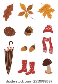 Autumn Elements isolated on White. Set. Autumn Leaves, Mushroom, Acorns, Cone, Chestnut, Maple, Oak, Chestnut Leaves, Umbrella, Rubber Boots, Hat, Scarf. Hello Autumn Vector