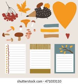 Autumn elements Journal card set of stickers for design website, blog, magazine for scrapbook. Set of autumn. Autumn object isolated. autumn vector. Autumn color element. Autumn decor.Autumn cartoon. 