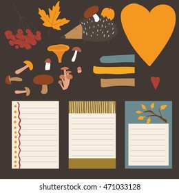 Autumn elements Journal card   set of stickers for design website, blog, magazine on black background. collection  for scrapbook