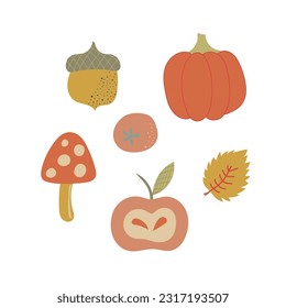 Autumn elements. Leaves, acorns, twigs, nuts, fruits autumn. Vector illustration
