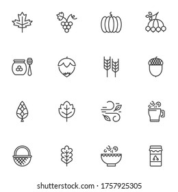 Autumn elements line icons set, outline vector symbol collection, linear style pictogram pack. Signs, logo illustration. Set includes icons as pumpkin, tree foliage, maple leaf, wheat harvest, jam jar