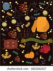 autumn elements on a dark background meet October