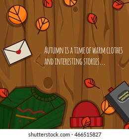 Autumn elements on the wooden background. Vector autumn illustration.