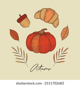 Autumn elements pumpkin, leaf, sweets vector illustration