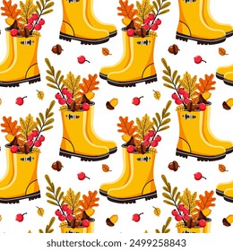 Autumn elements seamless pattern. boots, leaves, acorns, rowan, vector, for fabric, packaging, stationery