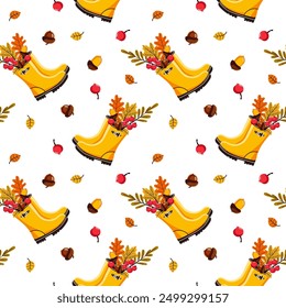 Autumn elements seamless pattern. boots, leaves, acorns, rowan, vector, for fabric, packaging, stationery	