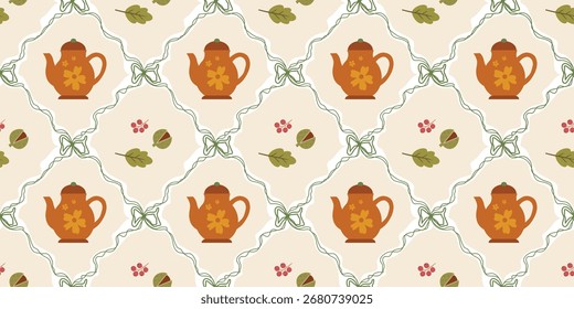 Autumn Elements Seamless Pattern. Perfect for decor, wallpaper, fabric, textile, background. Whimsical Autumn Element Seamless Pattern Decorated Bows and Ribbon