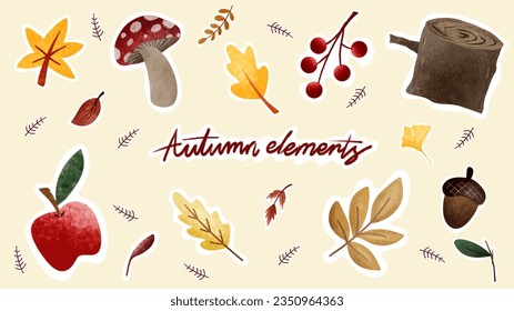 Autumn elements in autumn season with fall plants isolated on yellow background , illustration Vector EPS 10