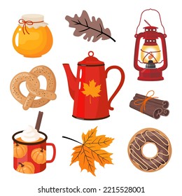 Autumn Elements Set - Coffee Pot, Mug, Pretzel, Maple Leaves, Glazed Donut, Vintage Lantern. Illustrated Vector Element.