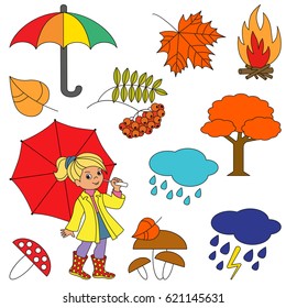 Autumn elements set, collection of coloring book template, the group of outline digital elements vector illustration, kid game page.