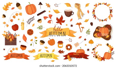 Autumn elements set collection stickers and badges designs for halloween with leaves, acorns, ribbons, wreath, frame. Vector stock illustration