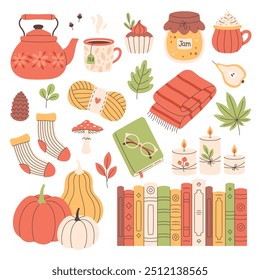 Conjunto de Elementos de otoño. Lindos y acogedores objetos de temporada. Otoño, Día de Acción de Gracias. Ilustración vectorial en estilo plano