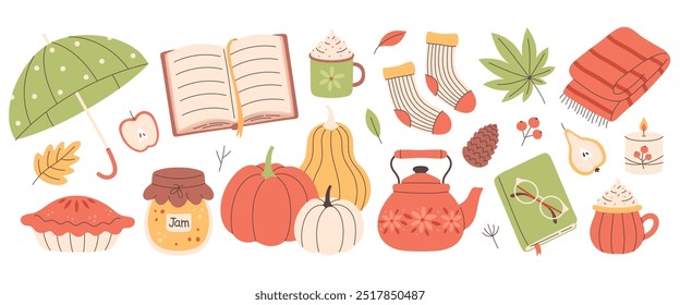 Autumn elements set. Cute and cozy seasonal objects. Fall, Thanksgiving Day. Vector illustration in flat style