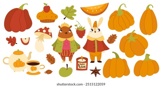 Autumn elements set, cute hand drawn seasonal objects and characters. Vector illustration in flat style