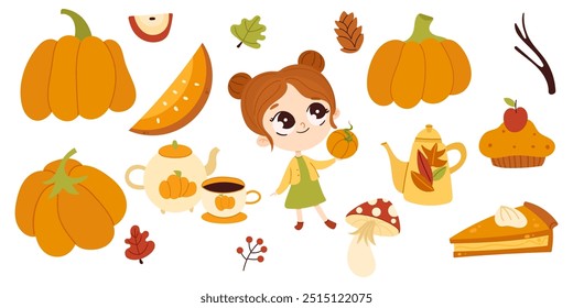 Autumn elements set, cute hand drawn seasonal objects and characters. Vector illustration in flat style