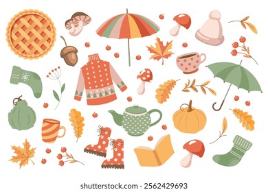 Autumn elements set, cute hand drawn seasonal objects. Fall season cozy elements clipart bundle. Illustration in flat style