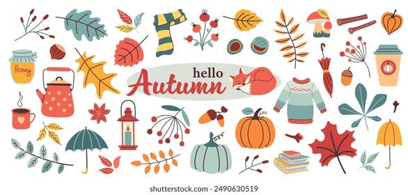 Elementos de otoño en diseño plano. Vector colección de ilustraciones lindas en estilo de moda. Hojas, calabazas, nueces, tetera, suéter, bufanda, hongos, paraguas, especias, etc.
