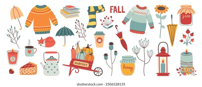 Elementos de otoño con diseño plano. Vector colección de ilustraciones dibujadas a mano lindas en estilo minimalista de moda. Pastel de calabaza, velas, plantas, paraguas, tetera, suéteres, libros, café, etc.
