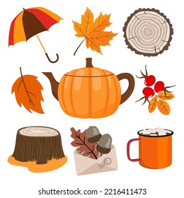 Autumn elements set - gourd teapot, leaves, wooden saw, stump, umbrella, envelope with acorns . Illustrated vector element.