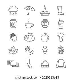 Autumn elements. Set of icons in trendy line style. Outline icons set.
The set includes icons as pie, umbrella, cup of tea, coffee, pumpkin, acorn, apple, mushrooms, leaves, rain, jam, honey and other