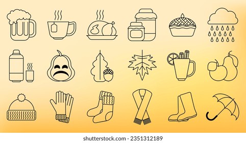 Autumn elements. Set of icons in trendy style. Outline icons set. The set includes icons such as pie, umbrella, cup of tea, pumpkin, acorn, apple and pear, leaves, rain, jam, honey, autumn clothes and