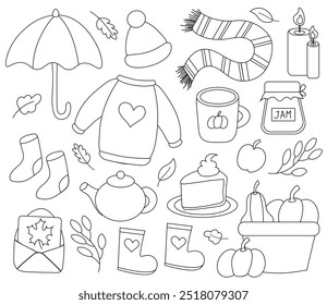 Autumn elements Set. Line art. Outline. Cozy sweater, hat, scarf and socks, umbrella. Basket pumpkins, candles. Rubber boots. Pumpkin pie. Teapot and berry jam. Flat vector illustration.