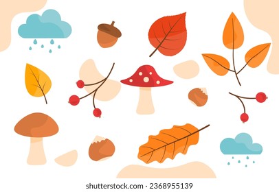 Autumn elements set. Orange leaves and branches with red berries, mushrooms. Fall season objects. Clouds with rain. Cartoon flat vector collection isolated on white background