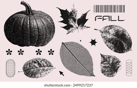 Autumn elements set with pumpkin, herbarium leaves with grainy photocopy effect. y2k Grunge fall collection stippling. Vector illustration