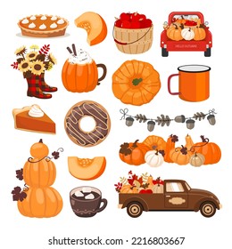 Autumn elements set - pumpkin, pie, car, acorns, pumpkin latte, donut. Illustrated vector clipart.