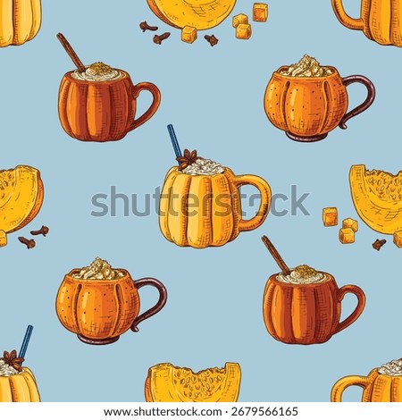 Autumn elements set: pumpkin spice latte in a pumpkin mug and a slice of pumpkin with pieces and spices. Vector seamless pattern. For kitchen design, food packaging, textiles.