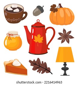 Autumn Elements Set - Red Coffee Pot, Pumpkin, Coffee Cup, Star Anise, Pumpkin Pie, Luminary. Illustrated Vector Element.