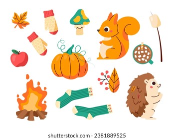 Autumn elements set. Squirrel and hedgehog. Pumpkin and apple with warm gloves. Fall season and cold weather symbols. Cartoon flat vector collection isolated on white background