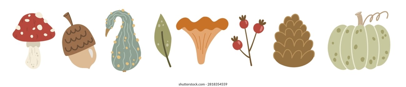 Autumn elements set vector featuring fly agaric, acorn, squash, chanterelle mushroom, berries, pinecone, and green pumpkin design. Naive hand-drawn doodle clipart is perfect for fall packaging, harvest textiles, fabric, and modern stationery.