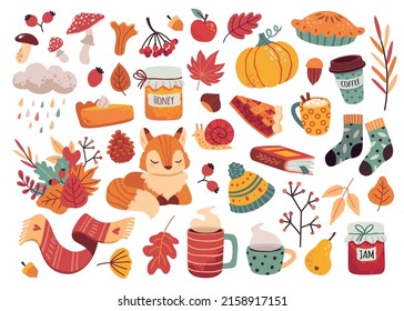 Autumn elements stickers. Cozy fall icons with fox, hat, scarf, socks, mushrooms and leaves. Jam, coffee, pumpkin, pie vector set