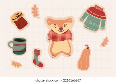 Autumn elements stickers  Cozy fall icons and fox   socks  mushrooms   leaves  Jam  coffee  pumpkin  oak leaves  sweater vector set